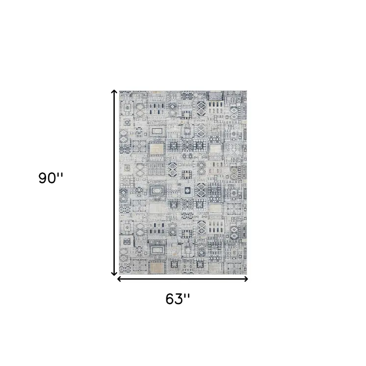 5' X 8' Ivory Black And Gold Ikat Area Rug
