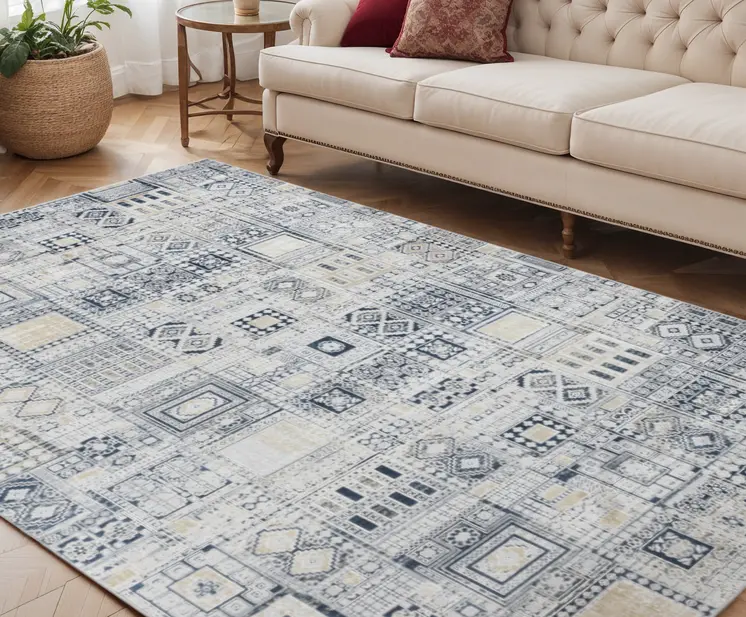 5' X 8' Ivory Black And Gold Ikat Area Rug