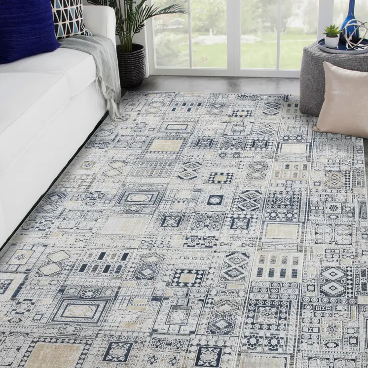 9' X 12' Ivory Black And Gold Ikat Area Rug