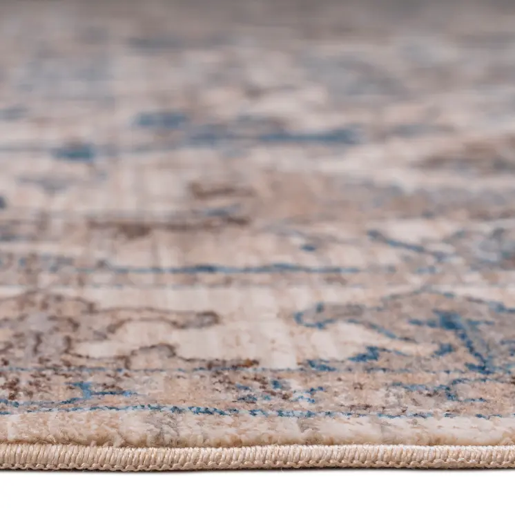 4' X 5' Tan And Blue Oriental Area Rug With Fringe