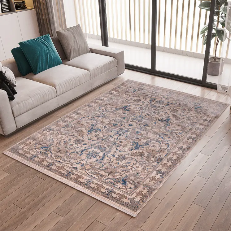 4' X 5' Tan And Blue Oriental Area Rug With Fringe