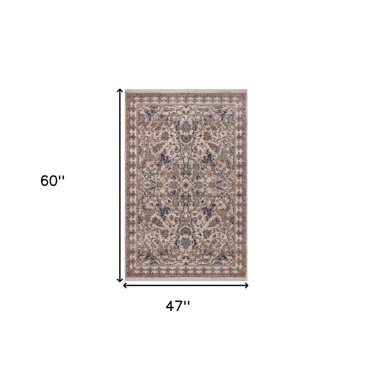 4' X 5' Tan And Blue Oriental Area Rug With Fringe
