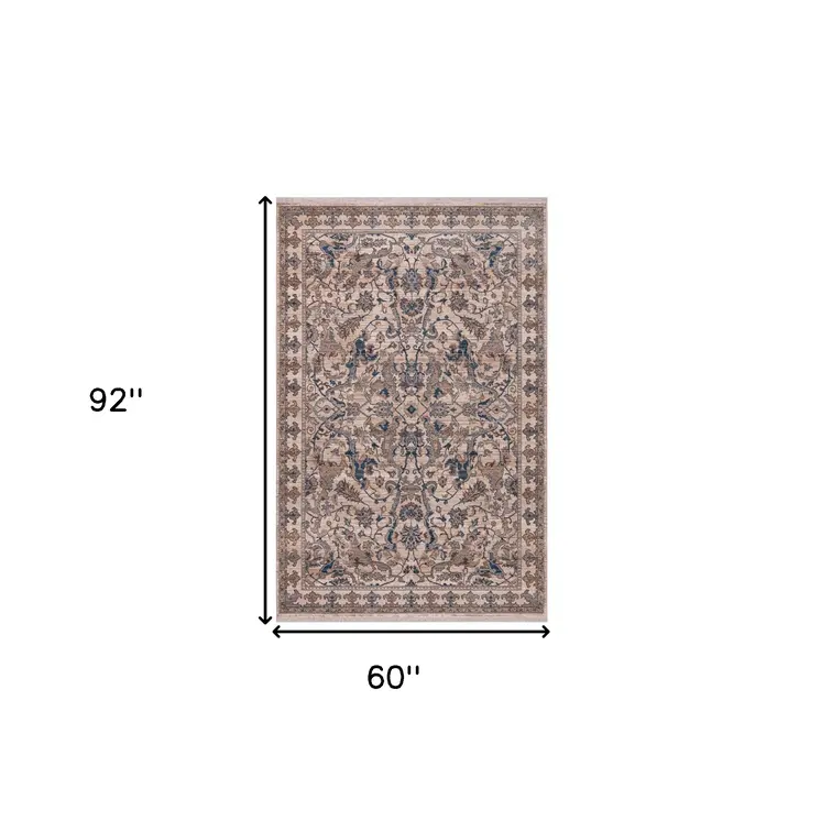5' X 8' Tan And Blue Oriental Area Rug With Fringe