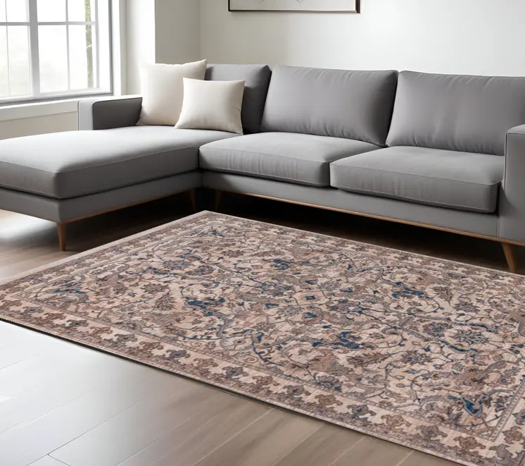 7' X 10' Tan And Blue Oriental Area Rug With Fringe