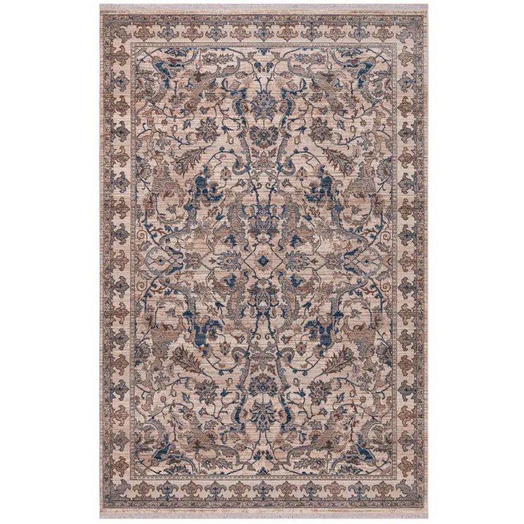 7' X 10' Tan And Blue Oriental Area Rug With Fringe