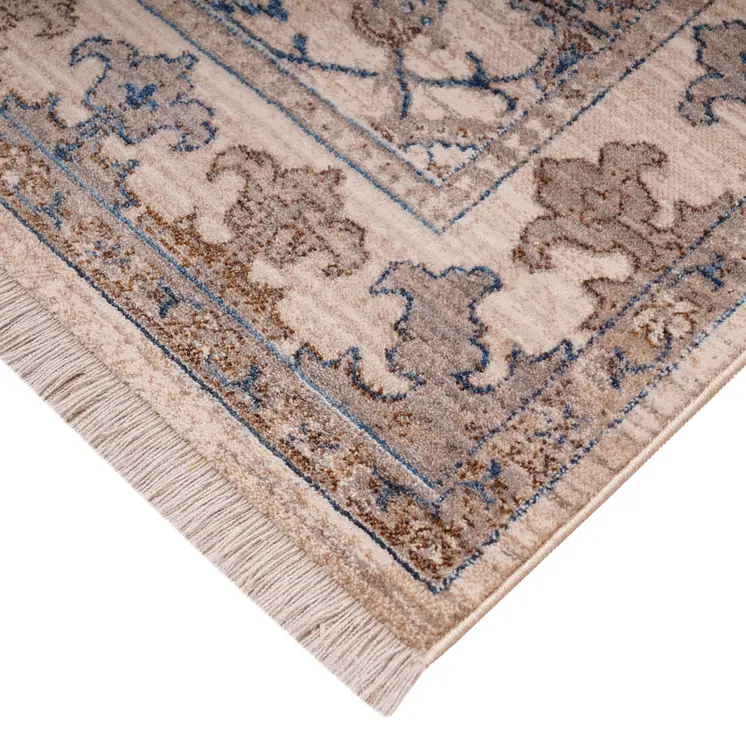 7' X 10' Tan And Blue Oriental Area Rug With Fringe