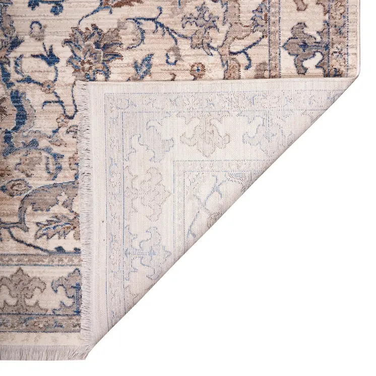 7' X 10' Tan And Blue Oriental Area Rug With Fringe