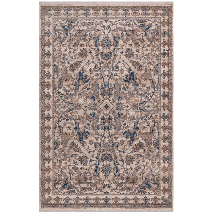 7' X 10' Tan And Blue Oriental Area Rug With Fringe