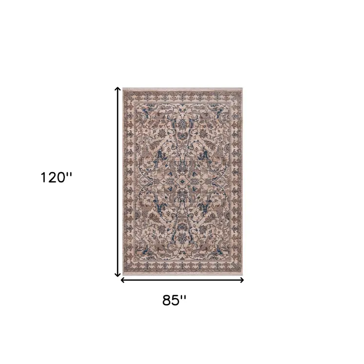 7' X 10' Tan And Blue Oriental Area Rug With Fringe