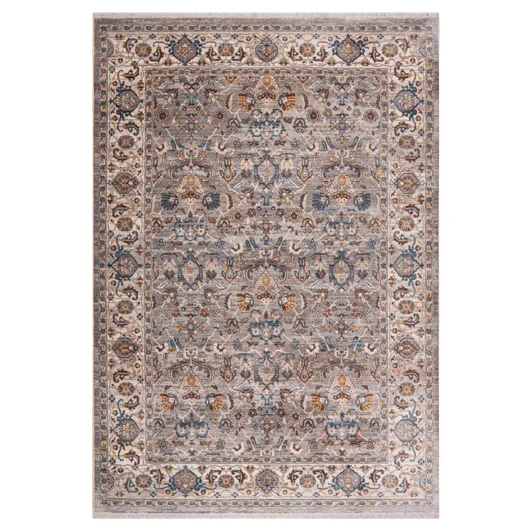 4' X 5' Gray Tan And Beige Oriental Area Rug With Fringe