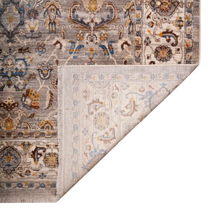 4' X 5' Gray Tan And Beige Oriental Area Rug With Fringe