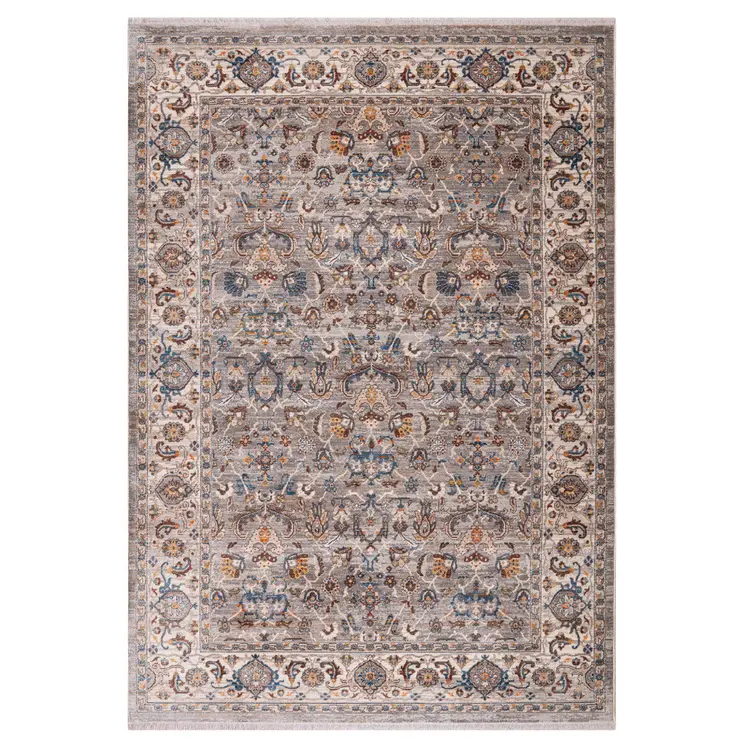4' X 5' Gray Tan And Beige Oriental Area Rug With Fringe