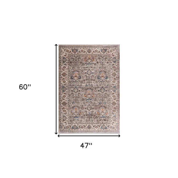 4' X 5' Gray Tan And Beige Oriental Area Rug With Fringe