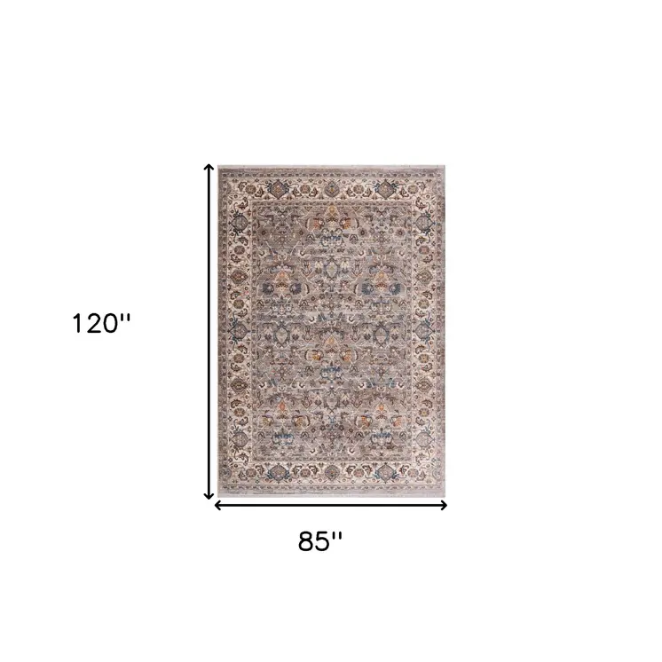 7' X 10' Gray Tan And Beige Oriental Area Rug With Fringe