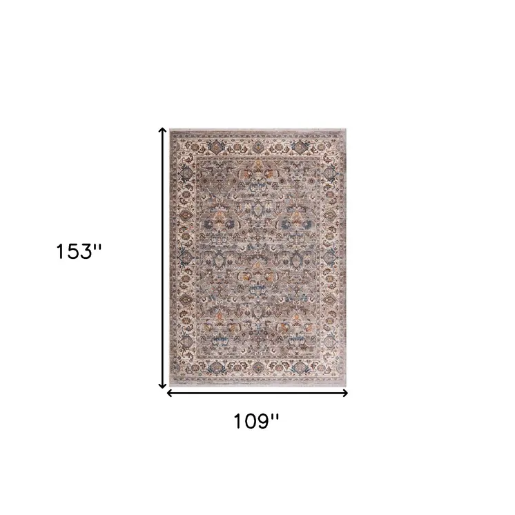 9' X 13' Gray Tan And Beige Oriental Area Rug With Fringe