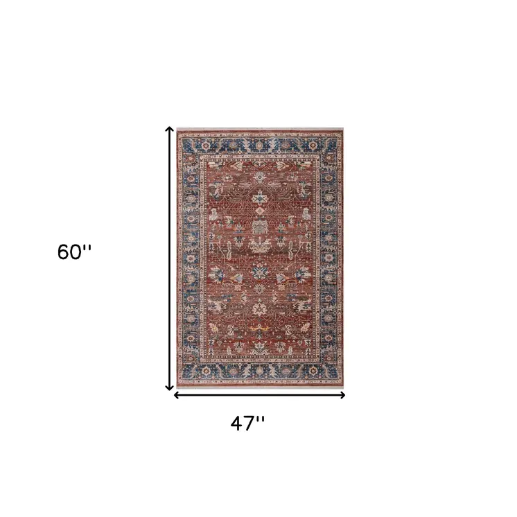 4' X 5' Red Beige And Blue Oriental Area Rug With Fringe