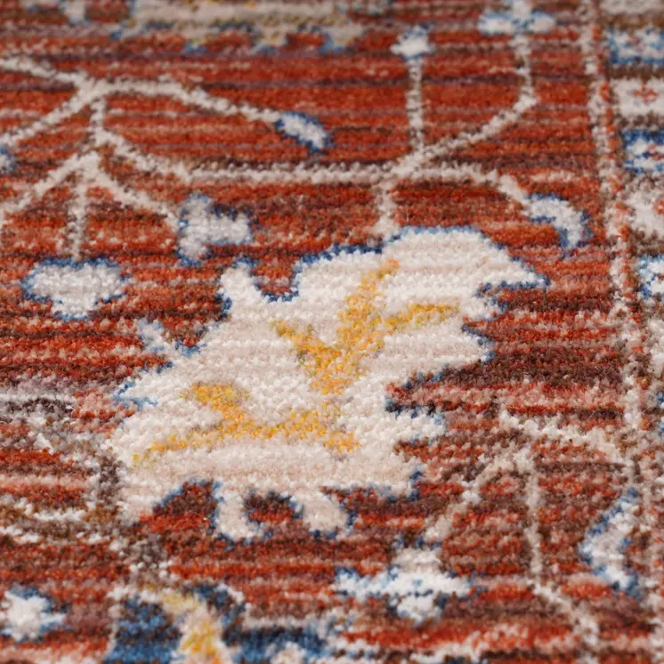 5' X 8' Red Beige And Blue Oriental Area Rug With Fringe