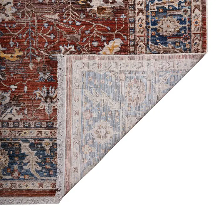 5' X 8' Red Beige And Blue Oriental Area Rug With Fringe