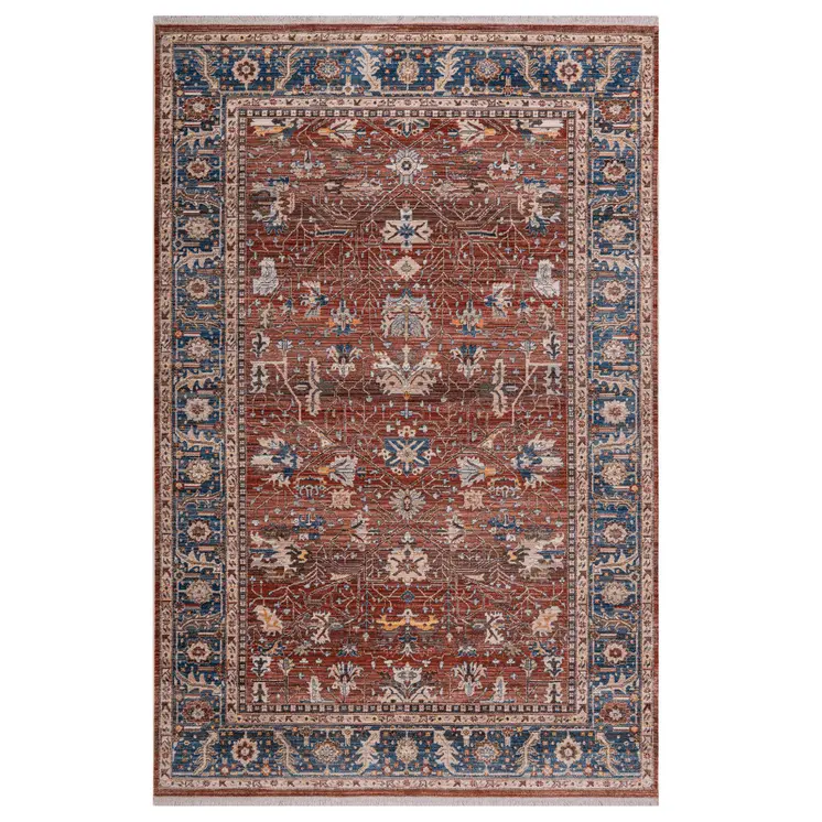5' X 8' Red Beige And Blue Oriental Area Rug With Fringe
