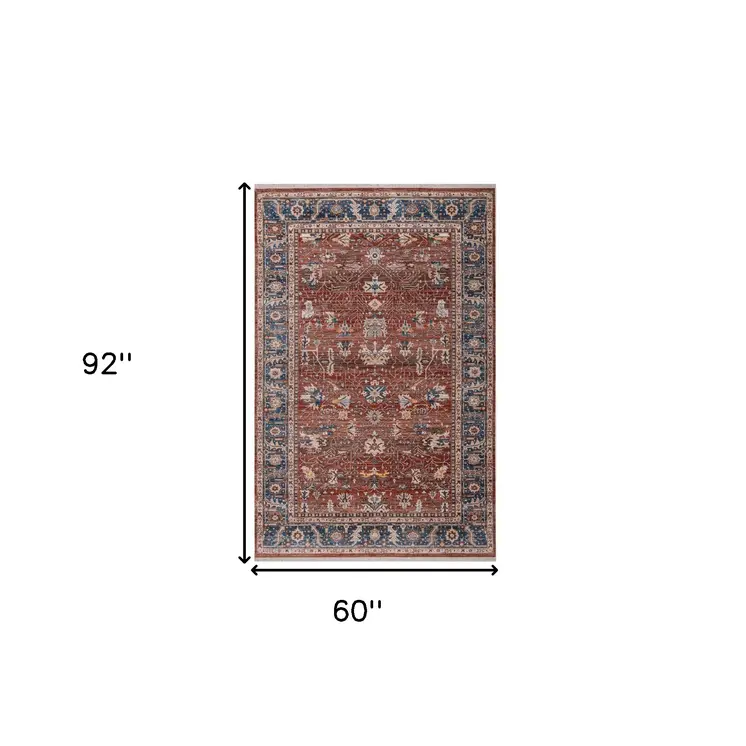 5' X 8' Red Beige And Blue Oriental Area Rug With Fringe
