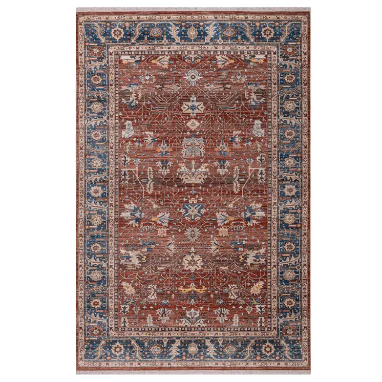 7' X 10' Red Beige And Blue Oriental Area Rug With Fringe