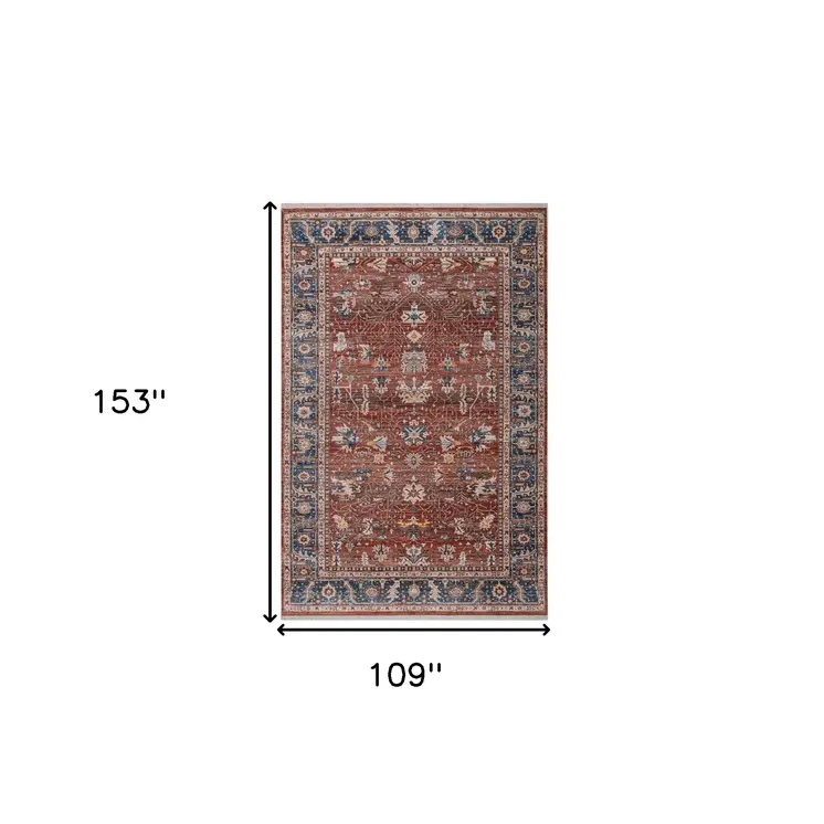 9' X 13' Red Beige And Blue Oriental Area Rug With Fringe