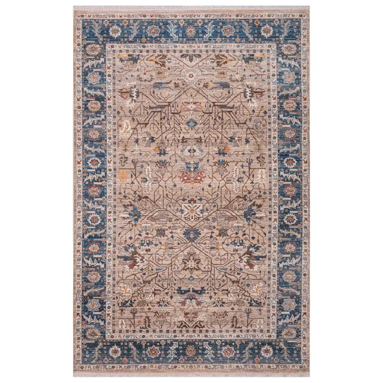 4' X 5' Teal Brown And Beige Oriental Area Rug With Fringe