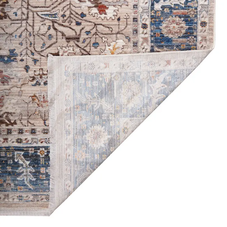 4' X 5' Teal Brown And Beige Oriental Area Rug With Fringe