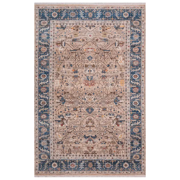 4' X 5' Teal Brown And Beige Oriental Area Rug With Fringe
