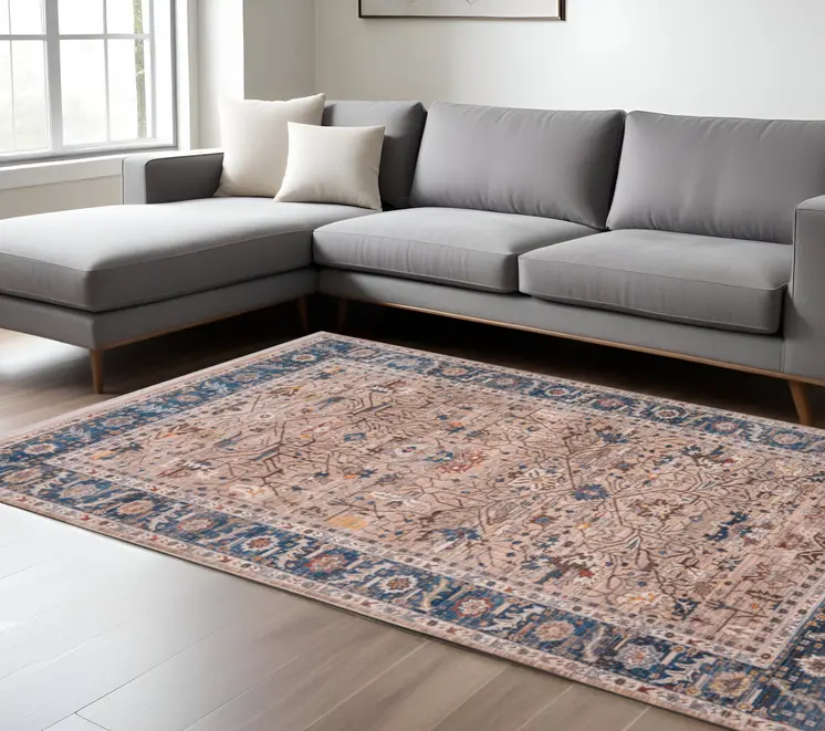 9' X 13' Teal Brown And Beige Oriental Area Rug With Fringe