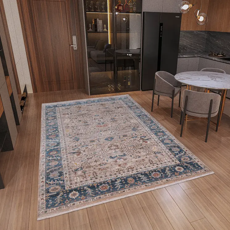 9' X 13' Teal Brown And Beige Oriental Area Rug With Fringe
