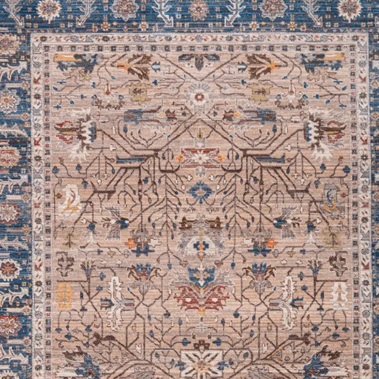 9' X 13' Teal Brown And Beige Oriental Area Rug With Fringe