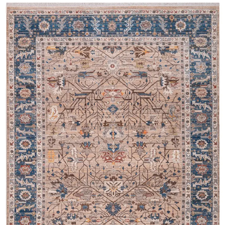 9' X 13' Teal Brown And Beige Oriental Area Rug With Fringe