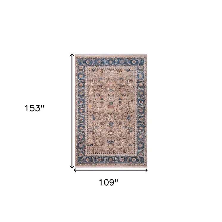 9' X 13' Teal Brown And Beige Oriental Area Rug With Fringe