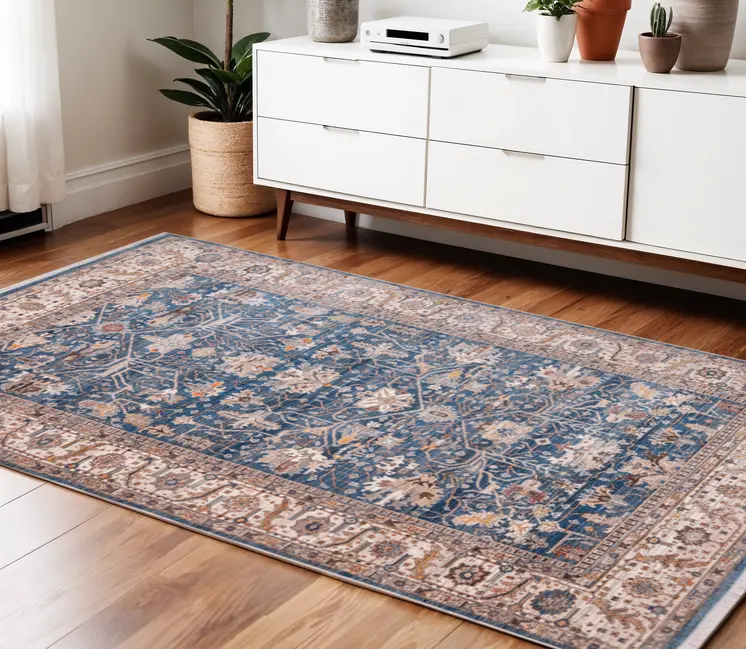 4' X 5' Navy Blue Beige And Brown Oriental Area Rug With Fringe