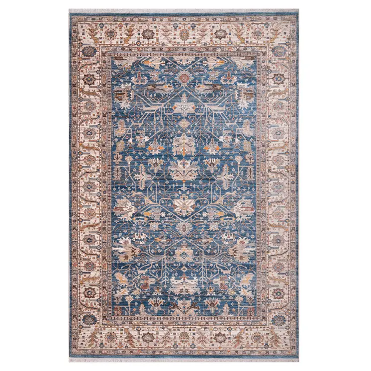 4' X 5' Navy Blue Beige And Brown Oriental Area Rug With Fringe
