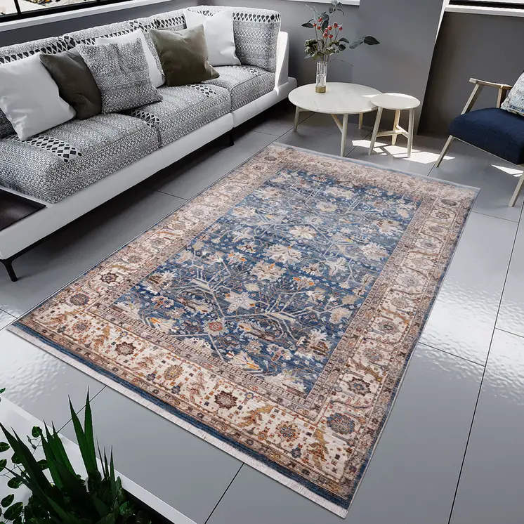 4' X 5' Navy Blue Beige And Brown Oriental Area Rug With Fringe