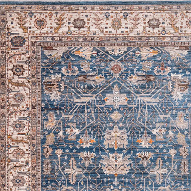 4' X 5' Navy Blue Beige And Brown Oriental Area Rug With Fringe