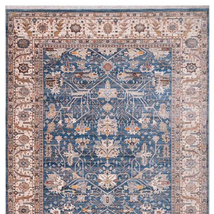 4' X 5' Navy Blue Beige And Brown Oriental Area Rug With Fringe