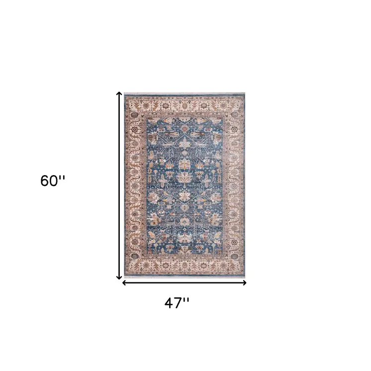 4' X 5' Navy Blue Beige And Brown Oriental Area Rug With Fringe