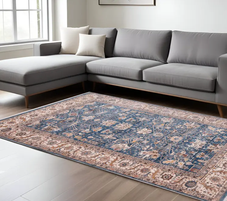 9' X 13' Navy Blue Beige And Brown Oriental Area Rug With Fringe