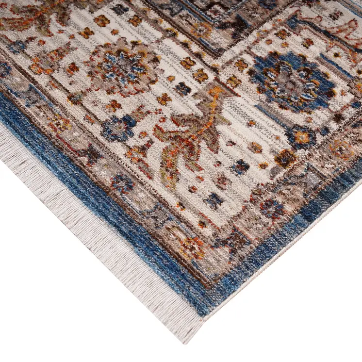 9' X 13' Navy Blue Beige And Brown Oriental Area Rug With Fringe
