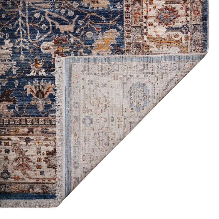 9' X 13' Navy Blue Beige And Brown Oriental Area Rug With Fringe