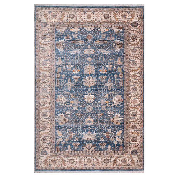 9' X 13' Navy Blue Beige And Brown Oriental Area Rug With Fringe