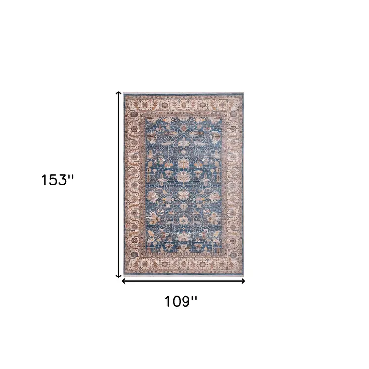 9' X 13' Navy Blue Beige And Brown Oriental Area Rug With Fringe