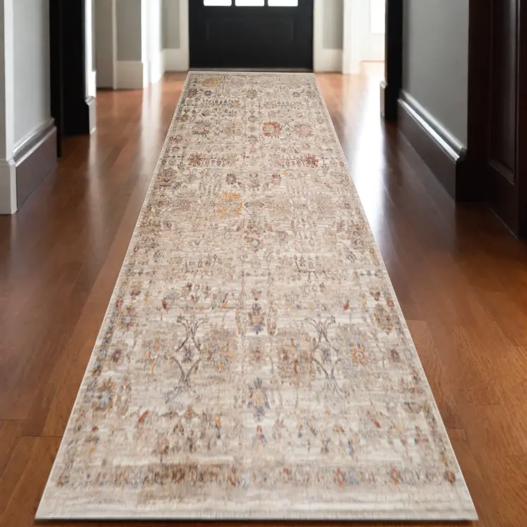 3' X 10' Ivory And Brown Floral Medallion Runner Rug With Fringe