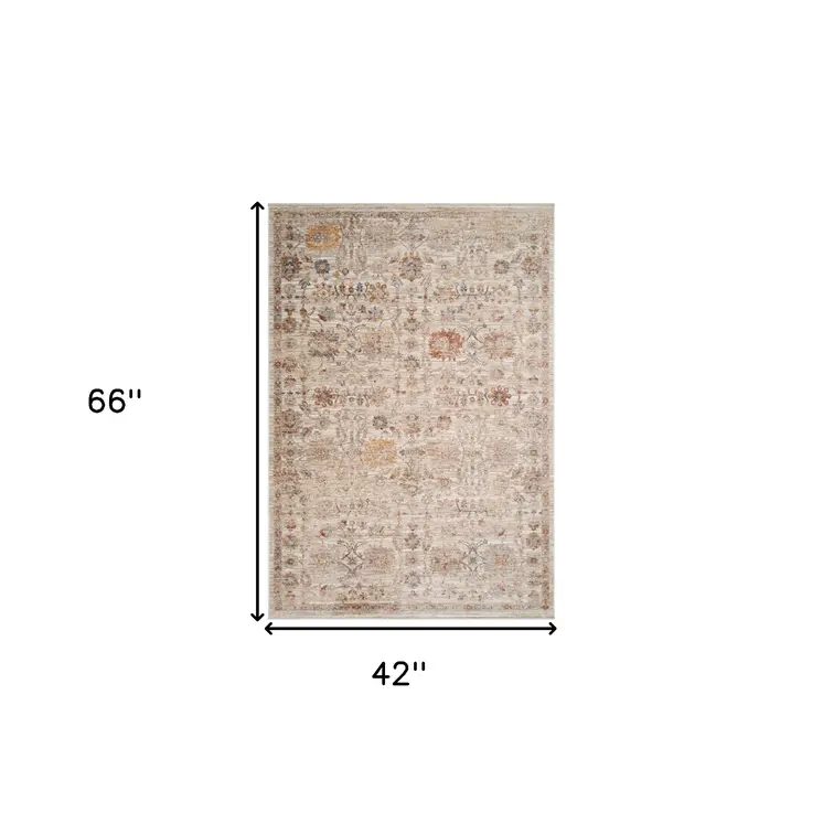 4' X 6' Ivory And Brown Floral Medallion Area Rug With Fringe