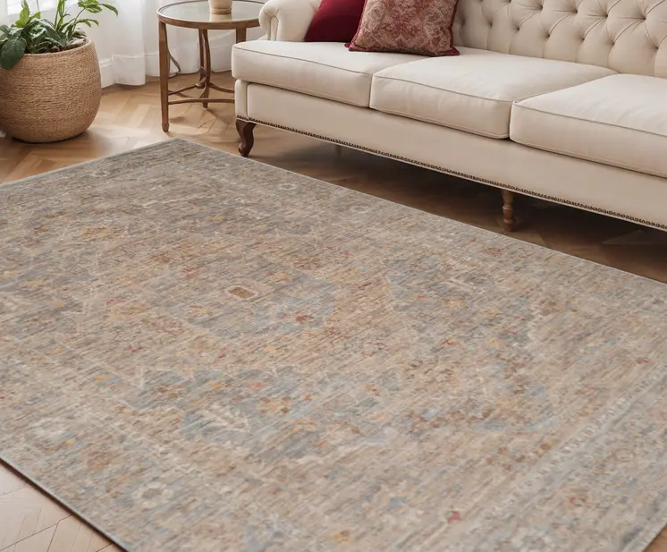 5' X 7' Blue And Sand Floral Medallion Area Rug With Fringe