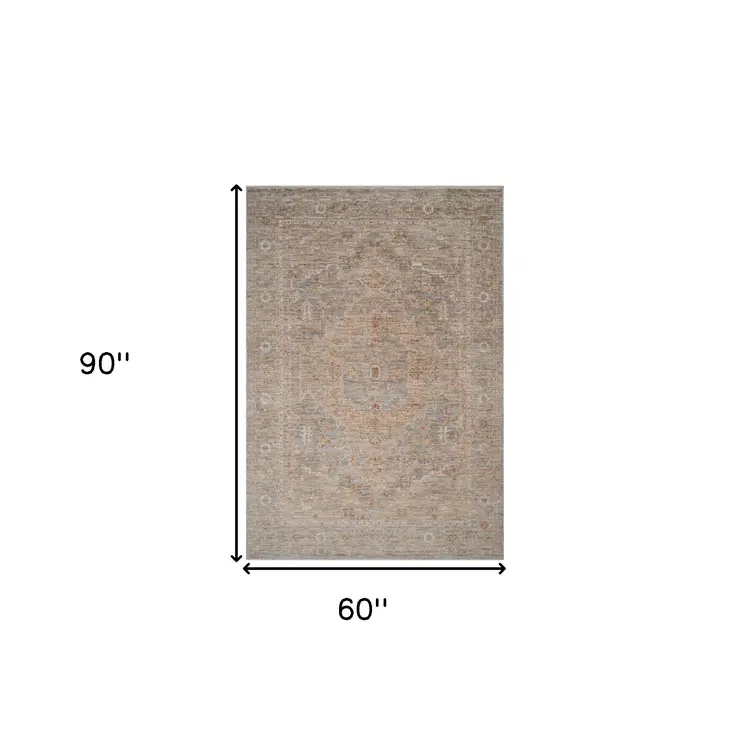 5' X 7' Blue And Sand Floral Medallion Area Rug With Fringe