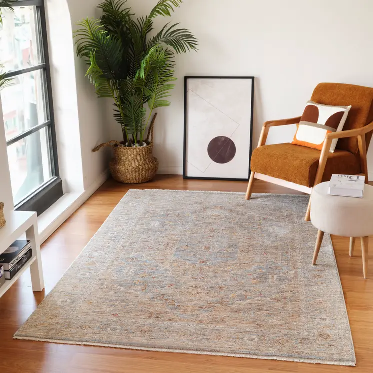 8' X 10' Blue And Sand Floral Medallion Area Rug With Fringe